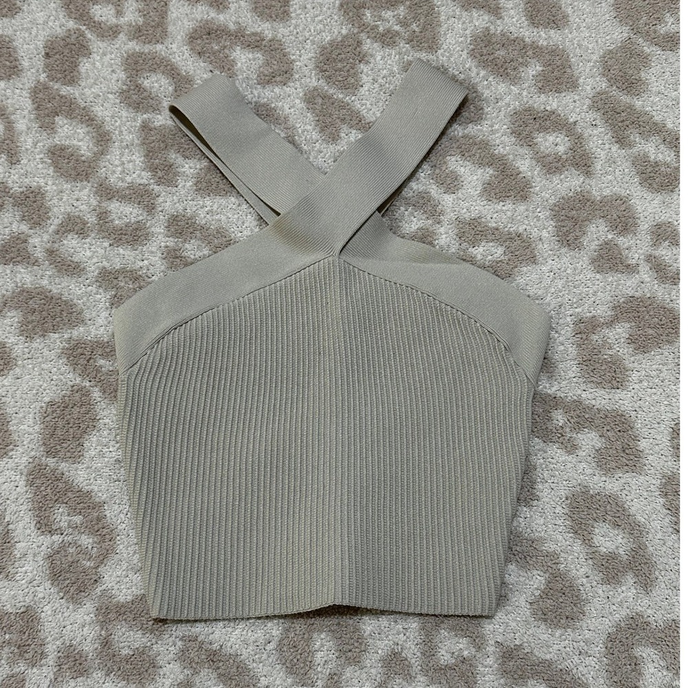 Babaton Sculpt Knit Criss Cross Tank 2XS Beige Ribbed Halter Top